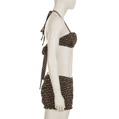 Dark brown polka dot halter bikini top with matching shirred high-waisted shorts for women. - Image 12