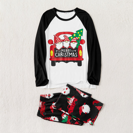 White and black raglan long-sleeve Christmas pajama top with red truck and gnome graphic, black gnome print pajama pants. - Image 10