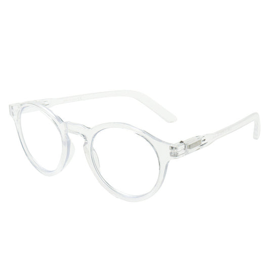 Round full-frame reading glasses with brown and clear striped pattern, featuring anti-blue light lenses. - Image 10