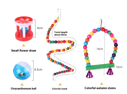 10-pack of colorful wooden and plastic bird toys, including swings, perches, and hanging bell toys for pet birds. - Image 11