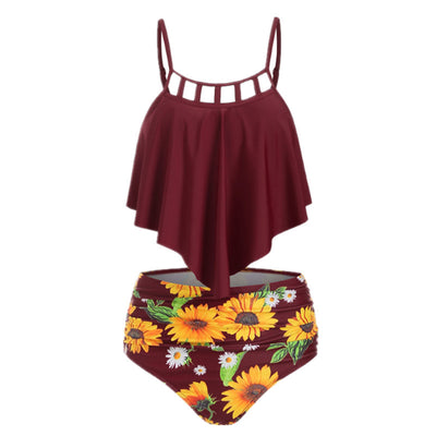Bikini Talle Alto con Volantes y Estampado Girasoles Europeo - Image 4