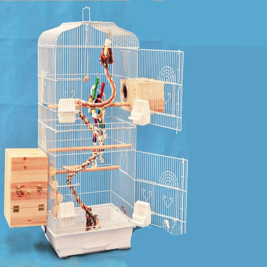 White wire bird cage with arched top, multiple wooden perches, plastic food cups, and two wooden nesting boxes. - Image 11