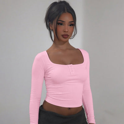 Camiseta Ajustada de Cuello Cuadrado en Color Liso con Elastano - Image 15