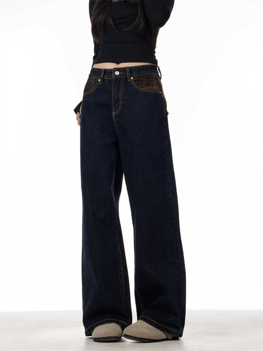 Jeans Retro Patchwork Cuadros Azules para Mujer Corte Recto y Holgado - Image 2