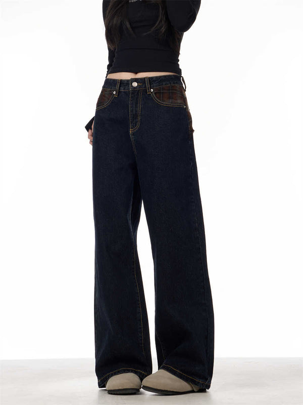 Jeans Retro Patchwork Cuadros Azules para Mujer Corte Recto y Holgado