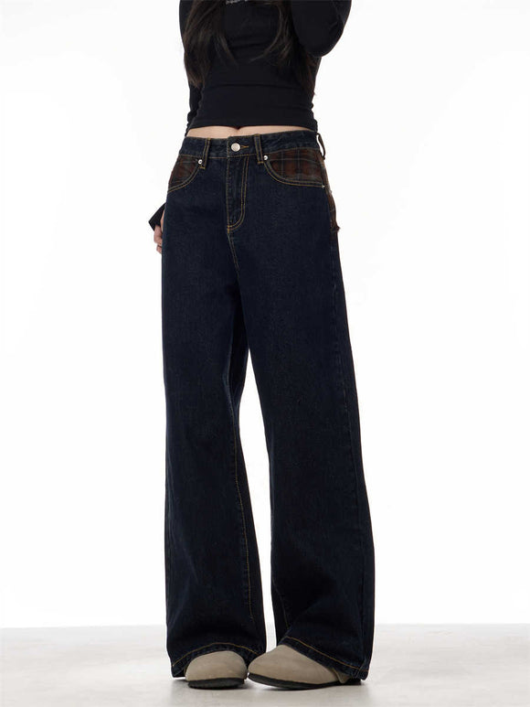 Jeans Retro Patchwork Cuadros Azules para Mujer Corte Recto y Holgado
