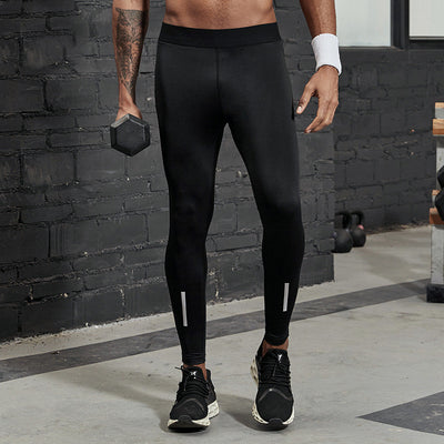 Black men's fitness pants with a tight fit, elastic waistband, and reflective strips on the lower legs. - Image 8