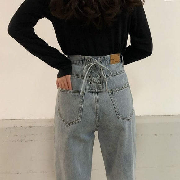 Jeans Retro de Cintura Alta Recta Ancha con Tirantes