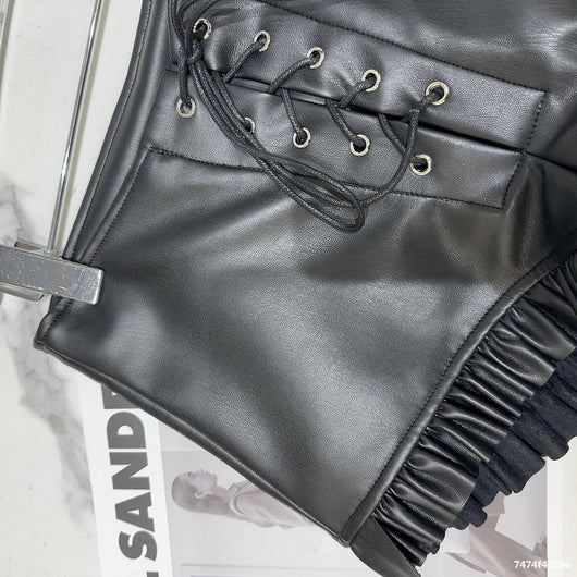 Short de Cuero PU con Encaje Plisado y Cordón Ajustable - Estilo Dark Hot Girl - Image 10