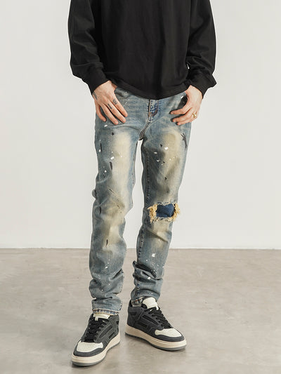 Jeans Slim Fit con Detalles de Tinta Salpicada y Parches Rotos - Image 3