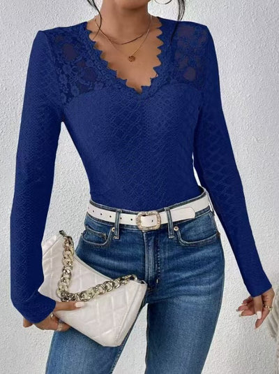 Blusa Elegante de Manga Larga con Panel de Encaje y Cuello en V para Mujer - Image 7
