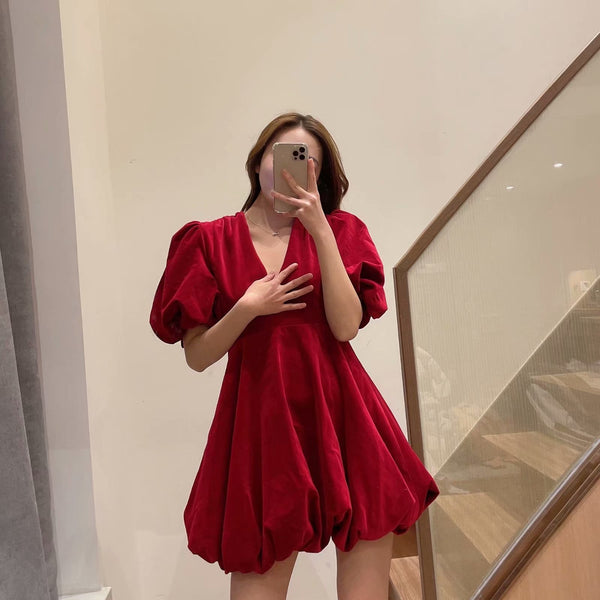 Vestido Mini de Terciopelo con Mangas Abullonadas - Estilo Europeo y Americano - Image 3