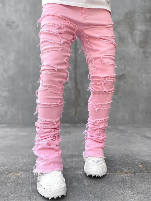 jeans, trousers, beige, white, burgundy, ripped, distressed, patched - Image 5