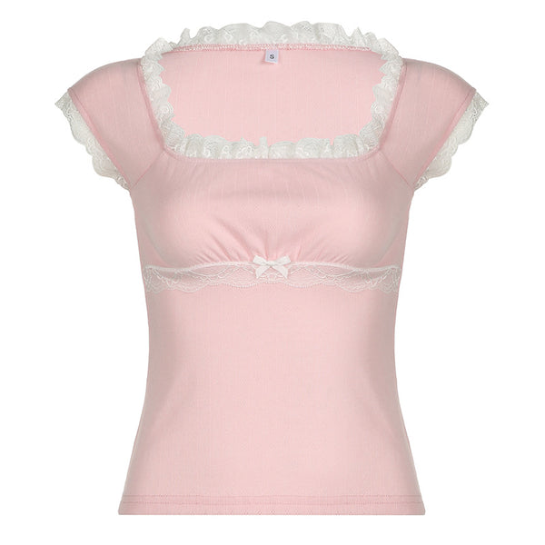 Blusa Elegante de Encaje con Cuello Cuadrado y Manga Corta - Image 5
