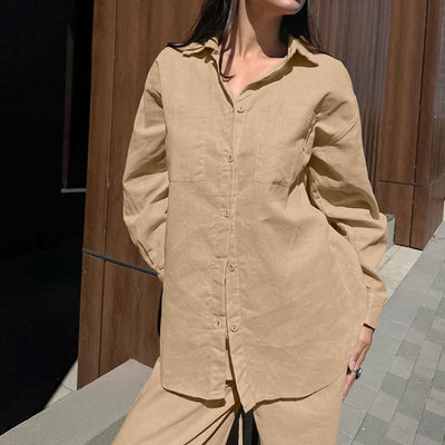 Conjunto Casual Khaki de Lino y Algodón - Camisa y Pantalón Ancho Estilo Urbano para Mujer - Image 3