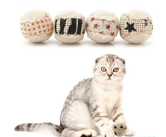 Four interactive cat toy chewing balls with woven textures and various patterns including polka dots, stripes, and stars. - Image 8