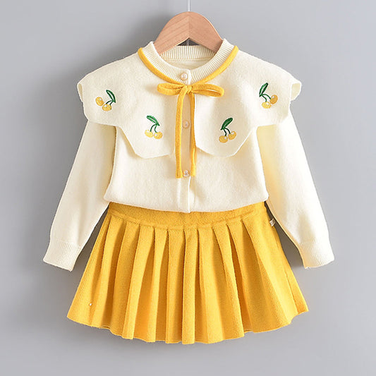 Conjunto de Dos Piezas Tejido Estilo Occidental para Niñas - Suéter y Falda Manga Larga