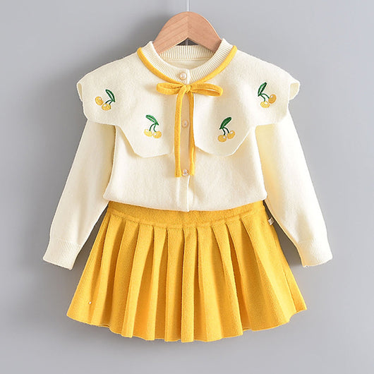 Conjunto de Dos Piezas Tejido Estilo Occidental para Niñas - Suéter y Falda Manga Larga