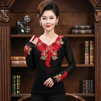 Blusa Bordada Clásica para Mamá - Manga Larga Estilo Occidental Primavera