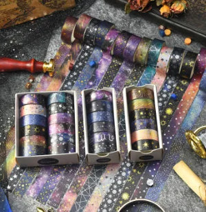 Set of six 1.5cm wide decorative tapes featuring starry sky, zodiac signs, moon phases, constellations, and planets. - Image 8