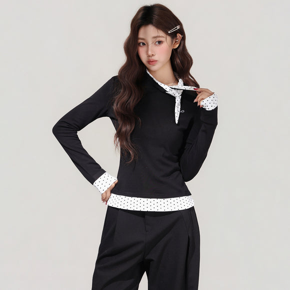 Blusa Negra con Lunares y Moño - Efecto Dos Piezas, Manga Larga
