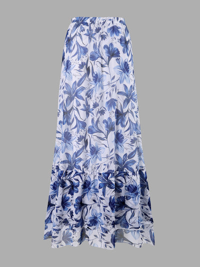 White and green floral print one-piece swimsuit with tie-shoulder straps and matching long chiffon skirt. - Image 7