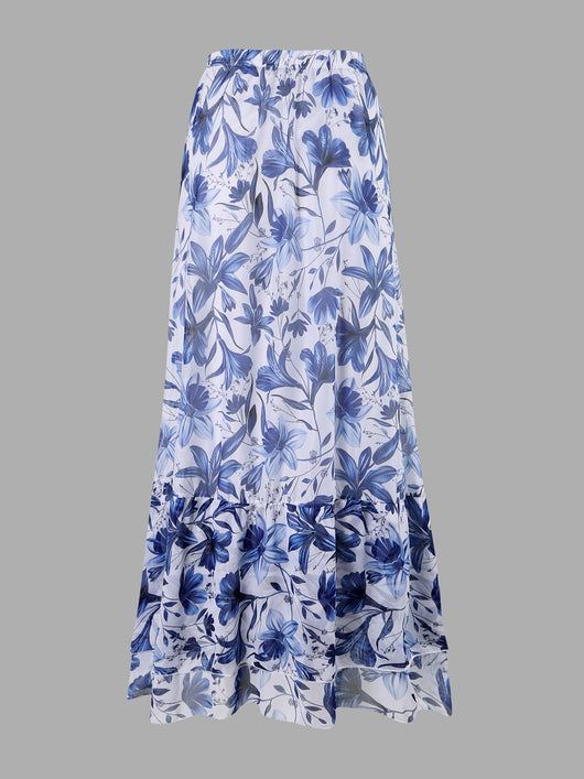 White and green floral print one-piece swimsuit with tie-shoulder straps and matching long chiffon skirt. - Image 7