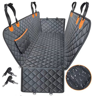 Black quilted pet car seat cover with adjustable straps and side flaps, shown with water droplets on the fabric. - Image 10