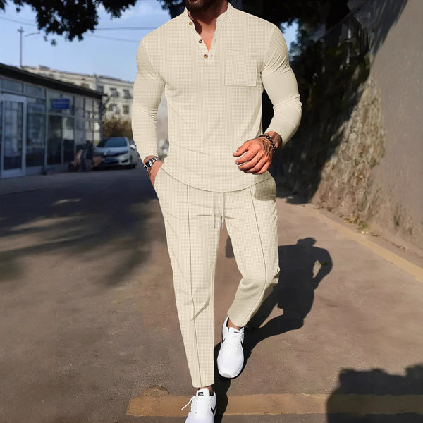 Conjunto Casual de Pantalón y Camiseta Henley Texturizada de Manga Larga para Hombre