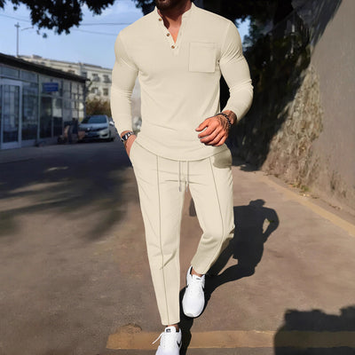 Conjunto Casual de Pantalón y Camiseta Henley Texturizada de Manga Larga para Hombre