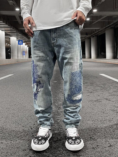 Jeans Rectos Casuales para Hombre con Diseño Floral Quemado y Lavado Industrial - Image 12
