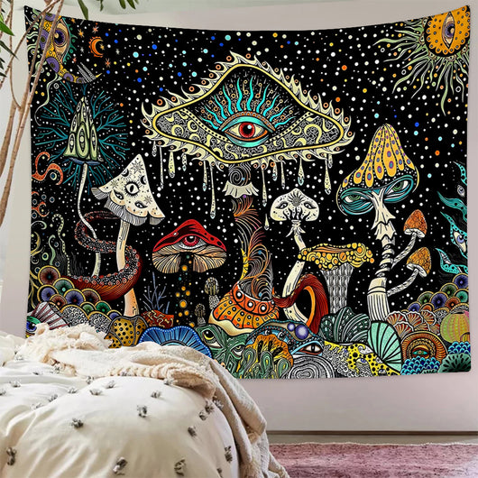 Tapiz de Poliéster con Diseño de Hongos y Calavera para Dormitorio