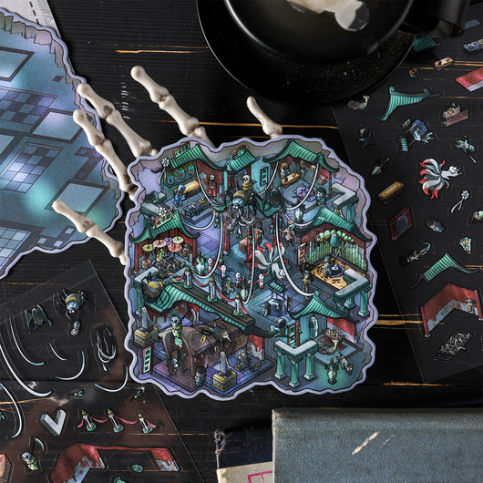 Cartoon 'Madhouse' themed PET sticker set with a multi-level hospital scene and individual character/object stickers. - Image 4