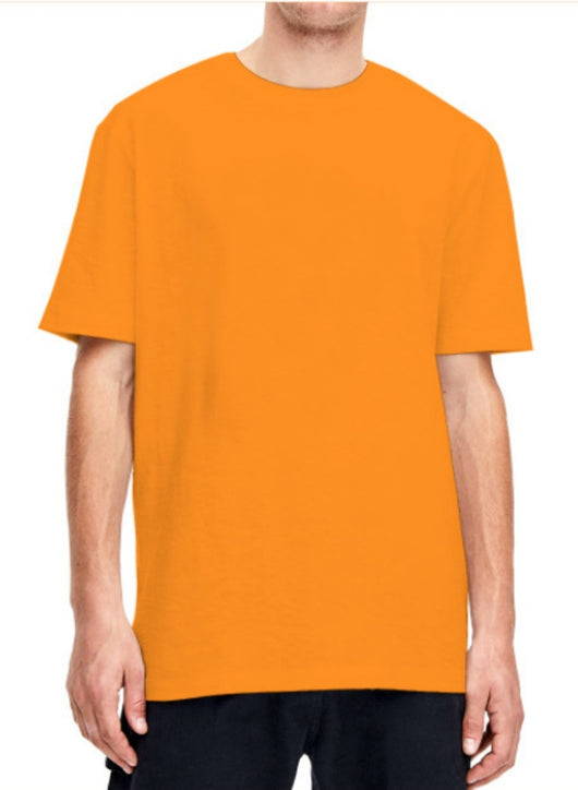 Plain light beige short-sleeved crew neck t-shirt made of cotton, shown on a model. - Image 21