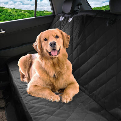 Black quilted car seat cover for dogs, shown with a golden retriever, protecting the rear seat from water and dirt. - Image 20
