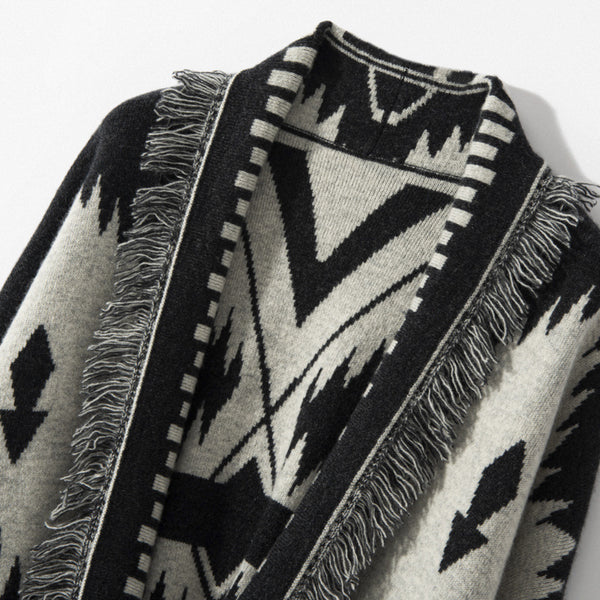 Cardigan Vintage con Jacquard y Borlas para Mujer
