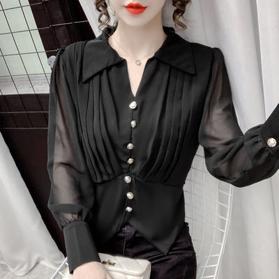 Blusa Casual de Gasa Manga Larga con Solapa Plisada para Mujer - Image 4