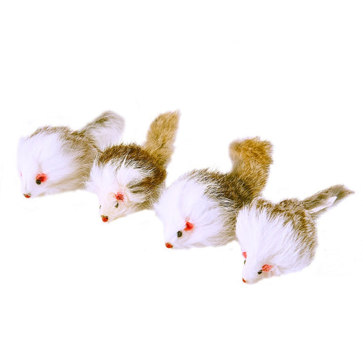 Four furry cat mouse toys with white and brown fur, red noses, and black eyes on a white background. - Image 5