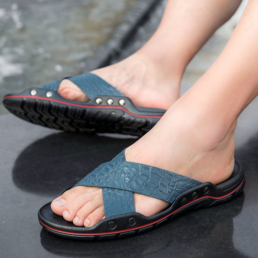 Sandalias de Playa para Hombre en Cuero Vacuno con Diseño Calado Transpirable