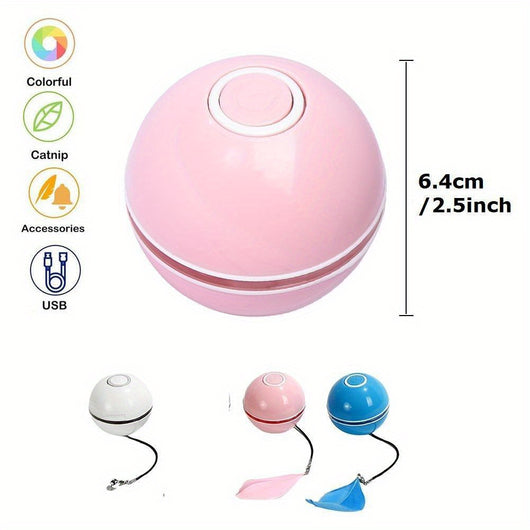 White electric interactive cat toy ball with LED light and feather attachment, shown with its white packaging box. - Image 6