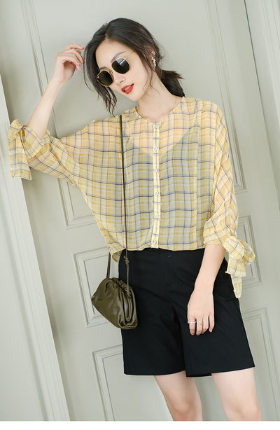 Blusa de Cuadros para Mujer con Mangas 3/4 y Cuello Redondo en Chifón - Image 7