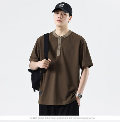 Playera Cuello Henley Básica de Color Sólido para Verano - Image 22