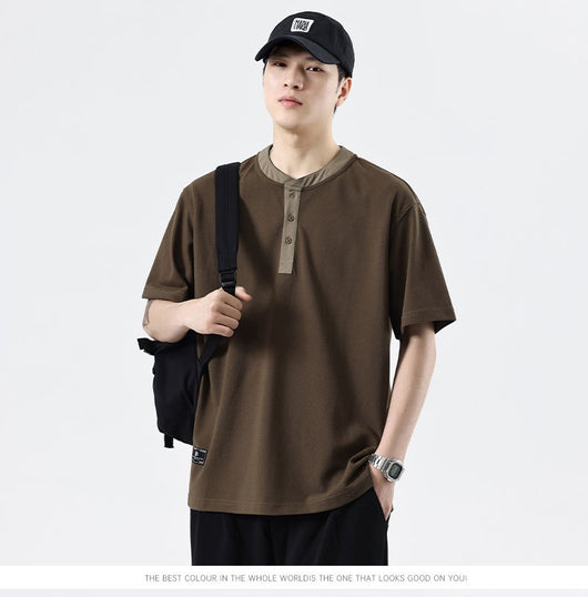 Playera Cuello Henley Básica de Color Sólido para Verano - Image 22