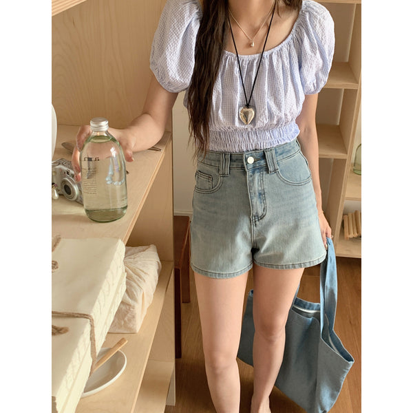 Shorts Denim Cintura Alta Elástico en Cuatro Lados Tonos Claros