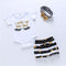 Conjunto de 3 Piezas: Romper Estampado con Letras, Shorts a Rayas y Turbante Blanco
