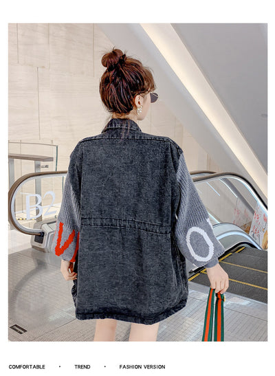 Chaqueta de mezclilla negra con mangas linterna tejidas con letras - Image 21