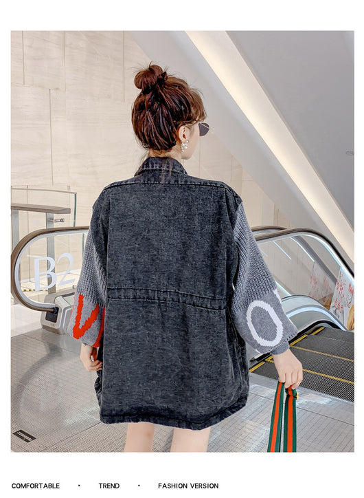 Chaqueta de mezclilla negra con mangas linterna tejidas con letras - Image 21