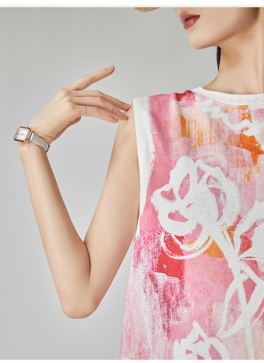 Blusa Suelta sin Mangas Estampado Acuarela Floral Rosa para Mujer - Image 17