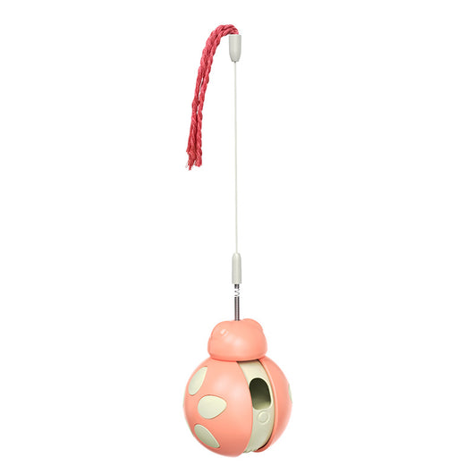 Green and light green plastic cat food leakage toy with a spherical body, cutouts, and a braided rope. - Image 5