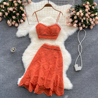 Conjunto de Dos Piezas: Blusa Camisola Hueca y Falda Cintura Alta para Verano - Image 4